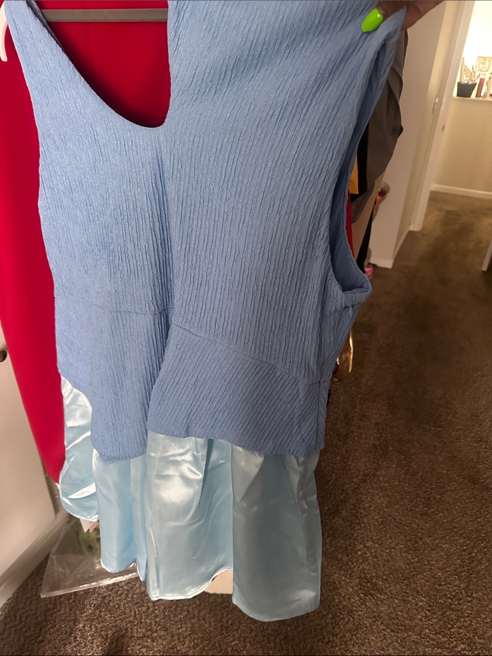 Light Blue Textured Tank Top with Satin Hemline